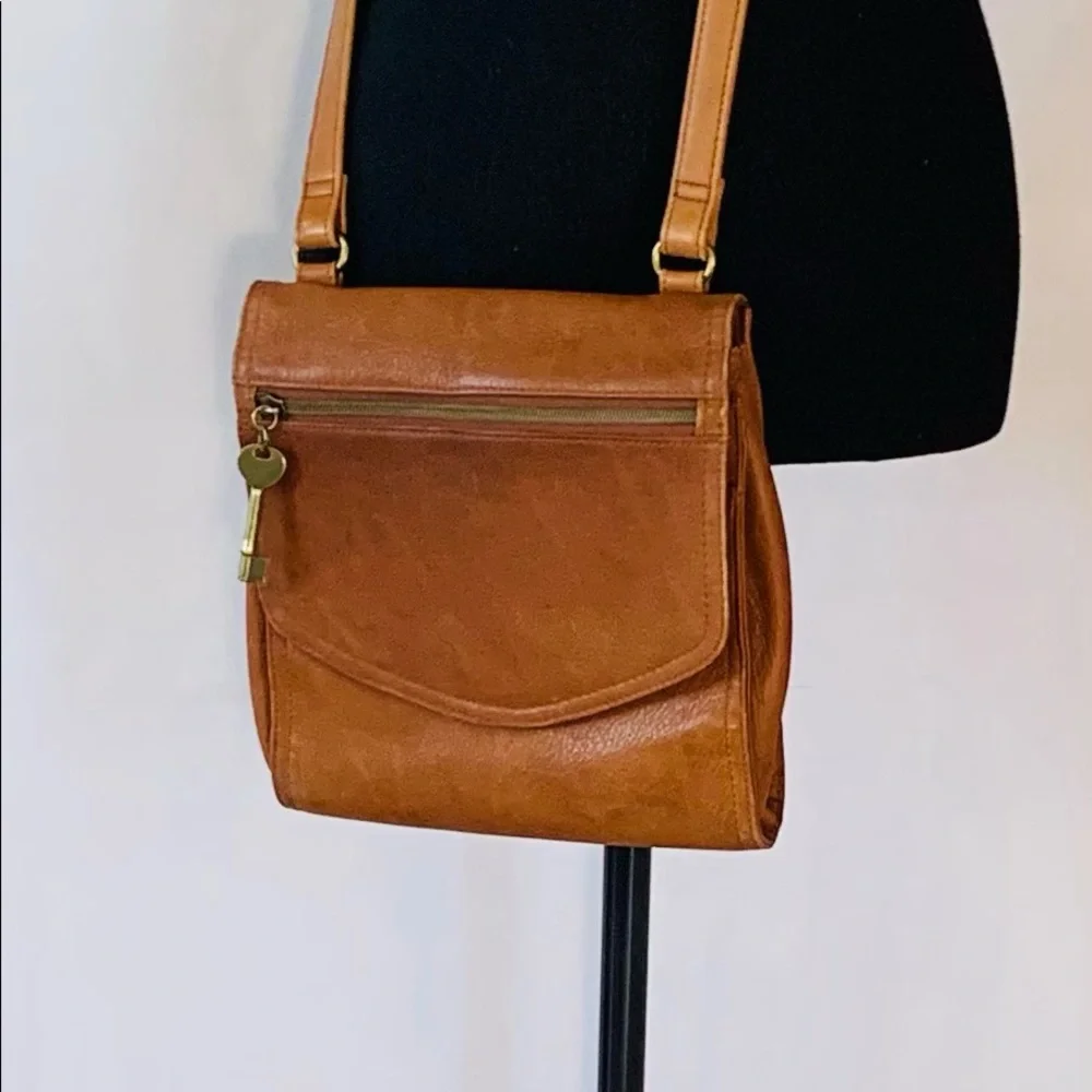 Fossil Tan Leather Crossbody Bag with Key Charm